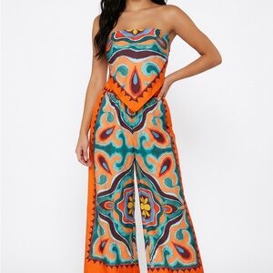 Zara Orange & Teal Strapless Printed 2 piece set (bandana top style tie back)